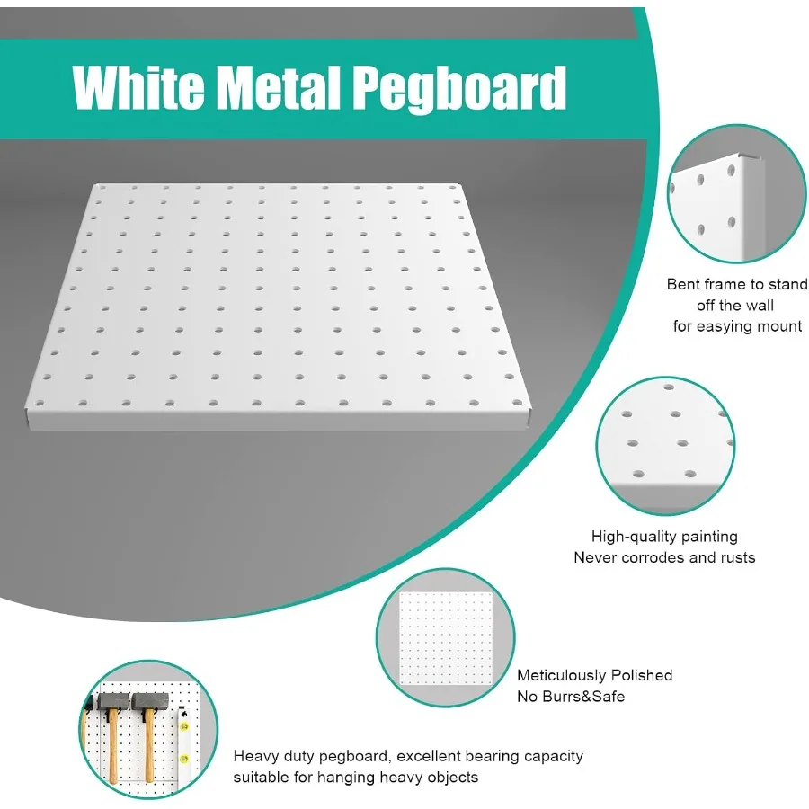 Confezione da 6 pannelli forati in metallo bianco con cornice piegata per una grande organizzazione di pareti resistenti nella sala artigianale del banco di lavoro del garage di casa K