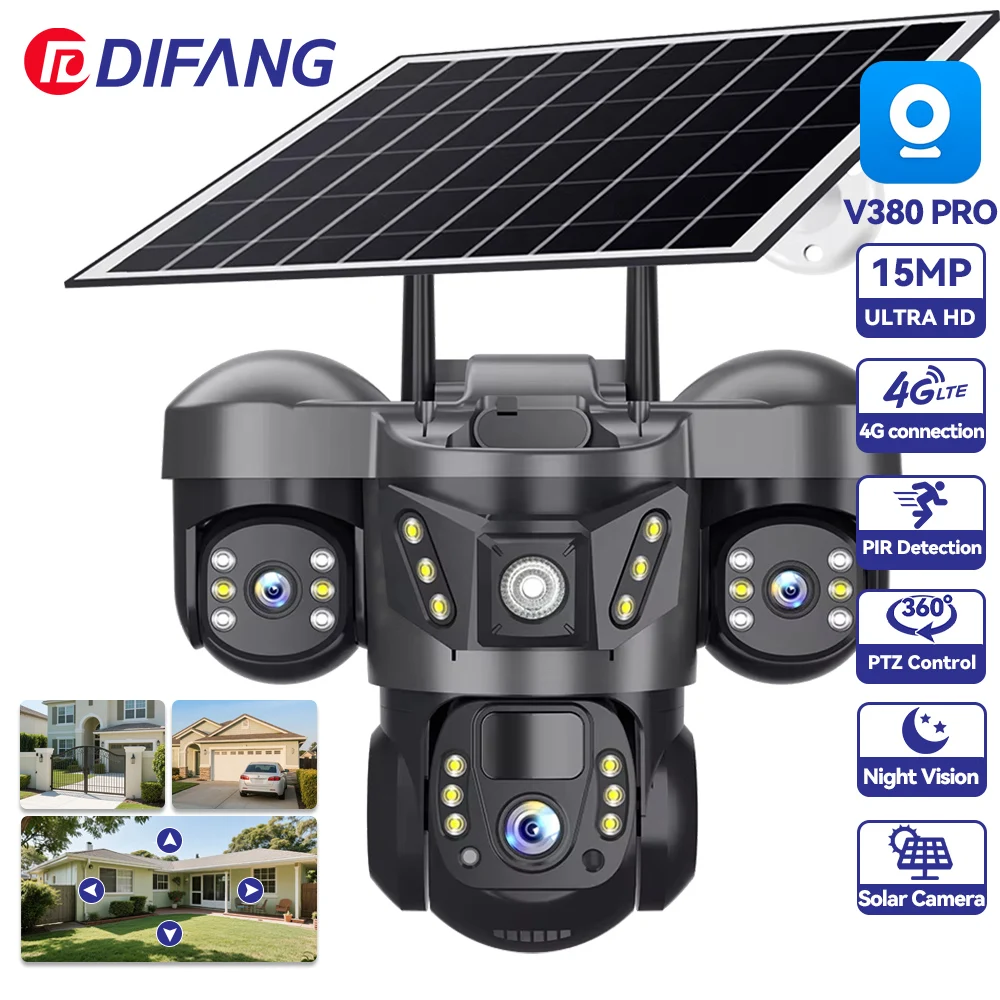 

V380 Pro 8K 15MP Wireless WiFi Solar Camera Three Lens Three Screen Human Detection 4G Sim Card Solar CCTV IP Camera