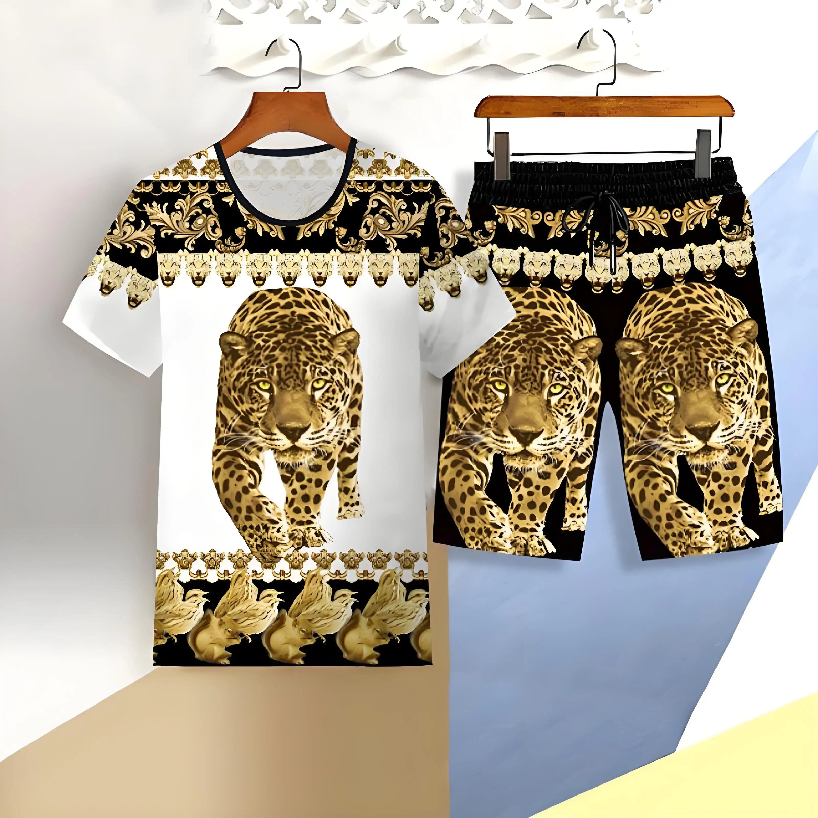 Golden Leopard 3D-Druck Kurzarm Top Elastische Taille Shorts 2-teiliges Set 2025 Plus Size Herren T-Shirts Kleidung Taschenshorts