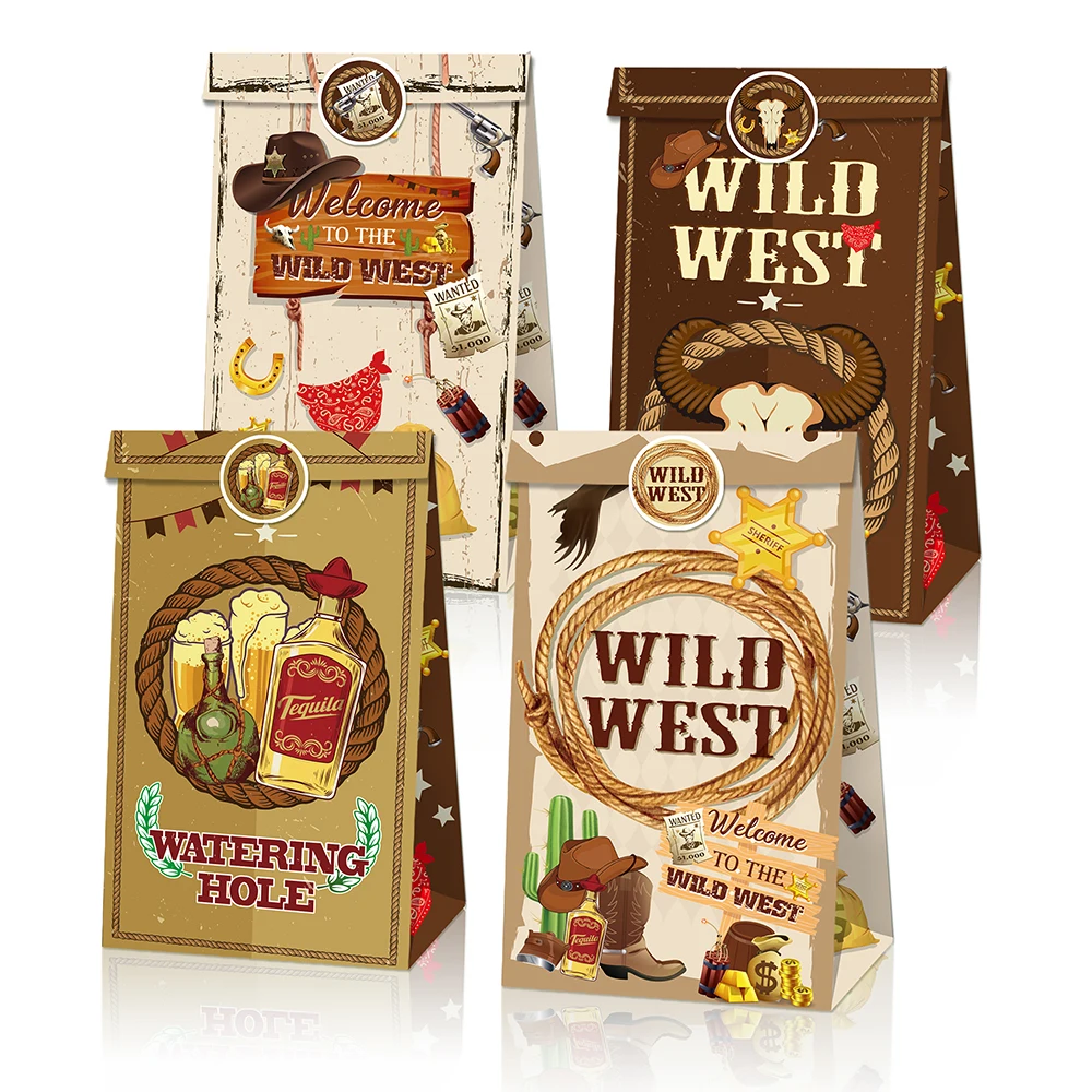 

LB159 12pcs Cool Wild West Cowboy Birthday Party Paper Gift Bags with Stickers Baby Shower Party Biscuits Decorations Kraft Bag