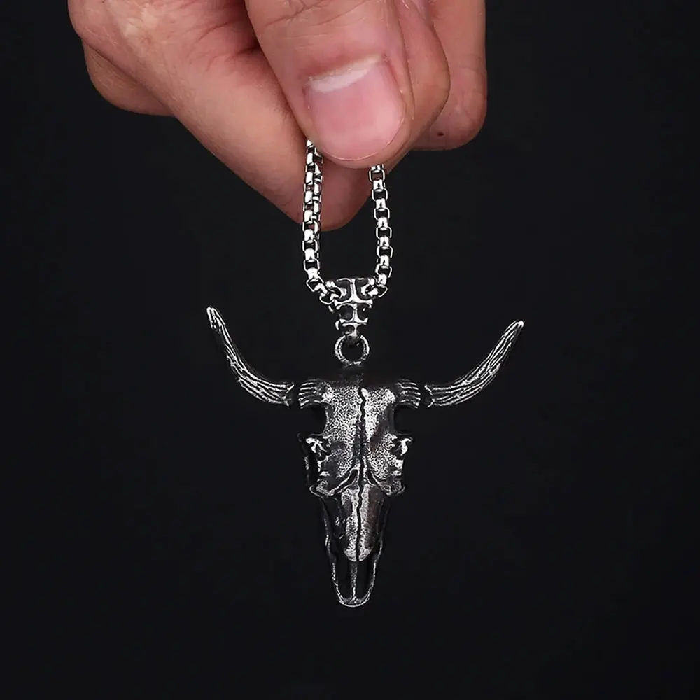 Vintage Punk Bull Kopf Anhänger Halskette Gun Schwarz Edelstahl Tier Schädel Halskette für Männer Frauen Mode Goth Schmuck Geschenke