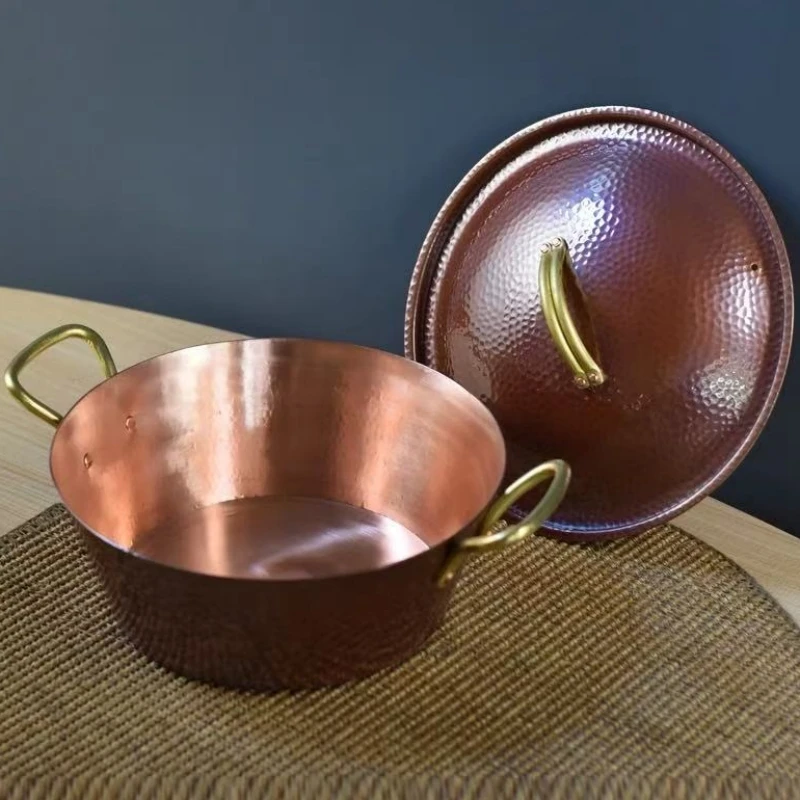 Handcrafted Vintage Copper Pot,Camping Thickened Pot With lid Cooking Utensil Simmering Pasta Stewing,24.5 cm Hammer Texture Pot view 2