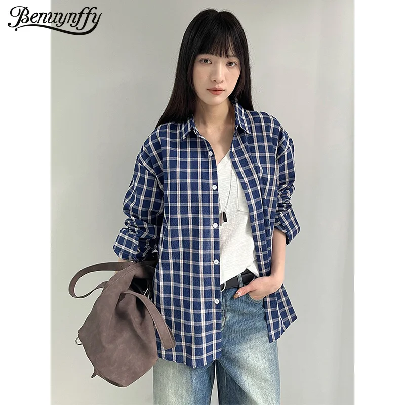 

Benuynffy Casual Daily Wear Plaid Shirt Women 2026 Spring New Fashion Vintage Long Sleeve Button Down Loose Tops And Blouses