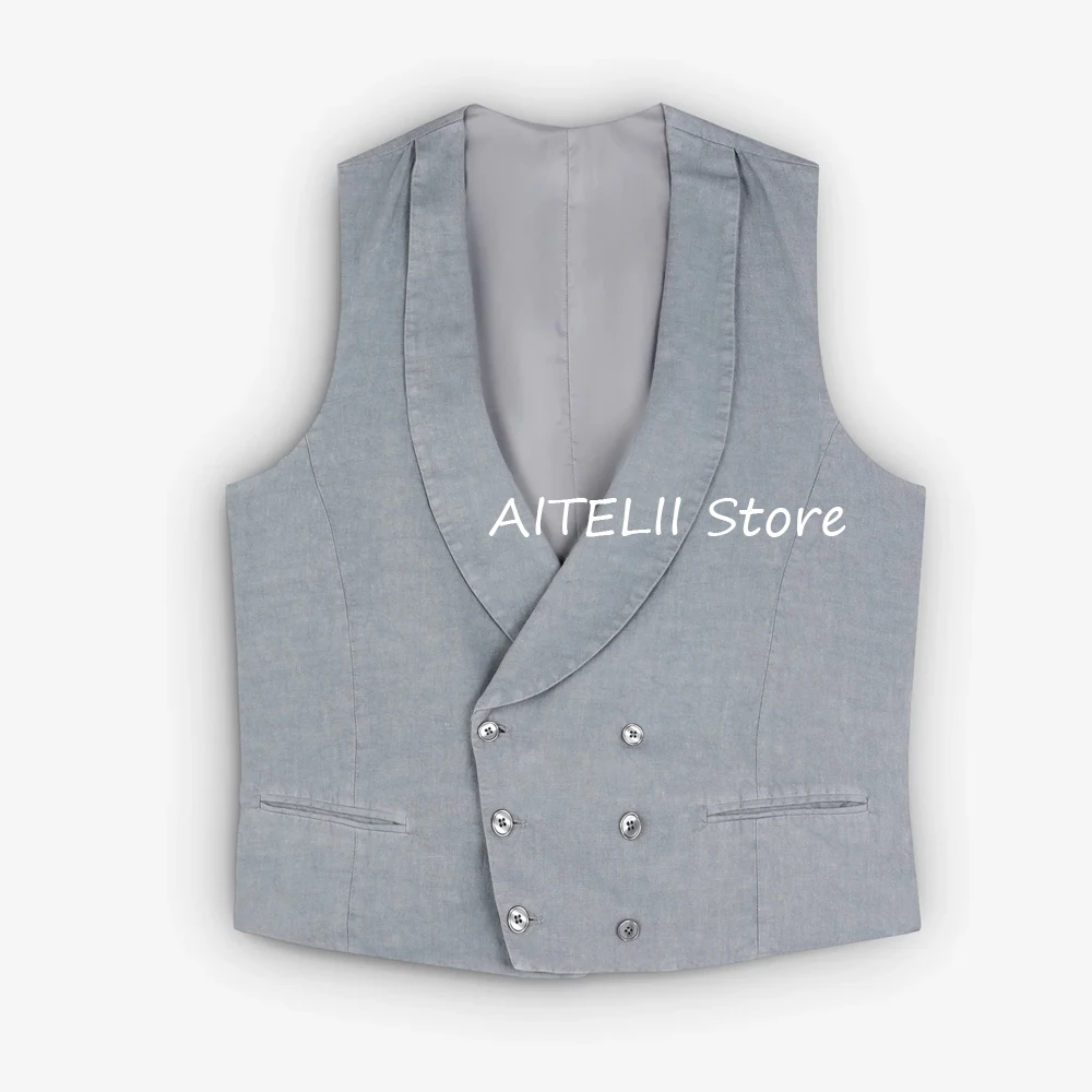 Casual Vest Man Double-breasted ผ้าลินินผ้าเสื้อสําหรับชายตรงกระเป๋าผ้าคลุมไหล่ทํางานฤดูร้อนเสื้อกั๊กแฟชั่นชุดผู้ชาย