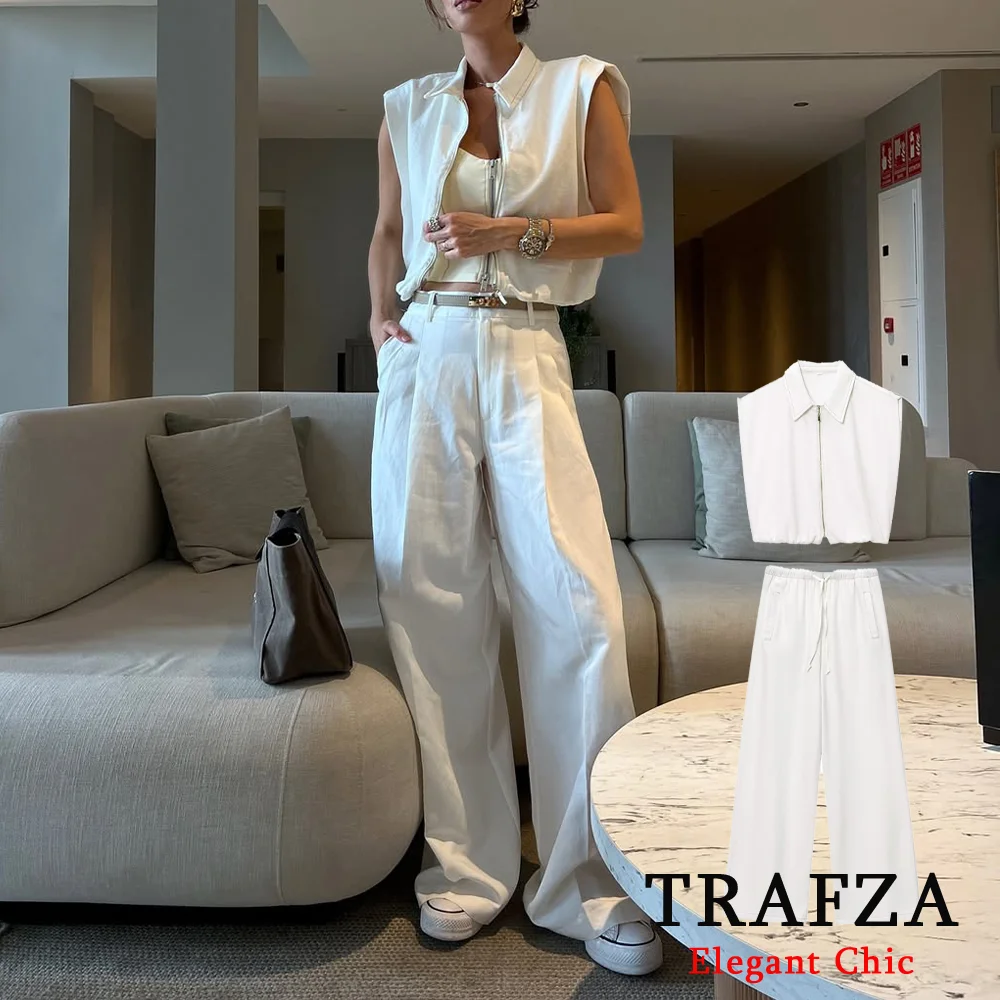 

TRAFZA Minimalist Chic Women White Pants Set Sleeveless Top Wide-Leg Pants New Fashion Summer 2025 Daily Street Casual Mujer Set