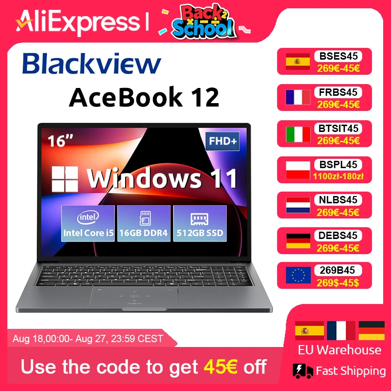 Blackview AceBook 12 Win 11 Laptop 16 ''FHD IPS, Notebook Intel I5-1030NG7, SSD da 16GB di RAM 512GB, pulsante di alimentazione per impronte digitali 2 in 1