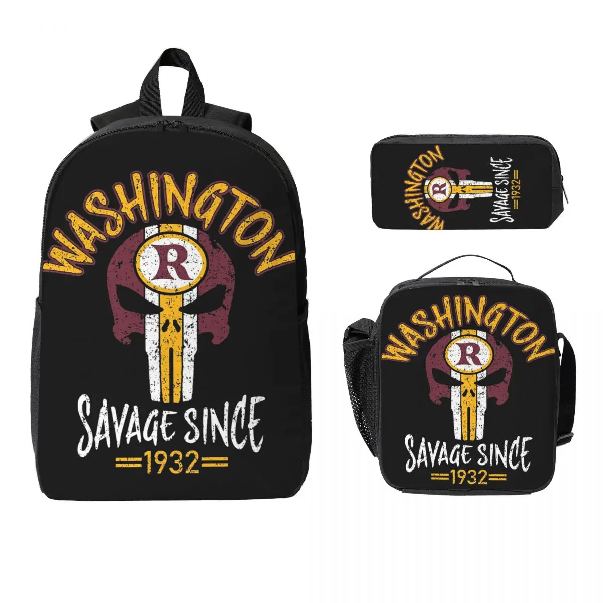 

Washington Pro Football Savage Skull 1932 рюкзак для одежды, сумка для книг для мальчиков и девочек, школьная сумка, 3 шт., изолированная сумка для обеда, пенал
