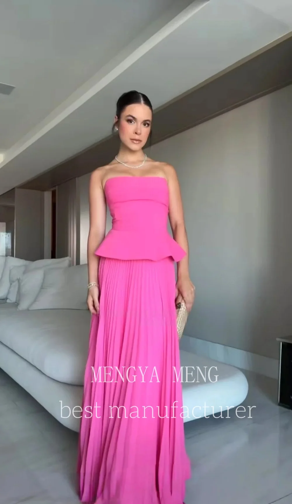 

ZHUISHU Simple Fuchsia Satin Evening Dress Strapless Peplum Floor Length Formal Party Gown 2025 Customized vestidos de fiesta