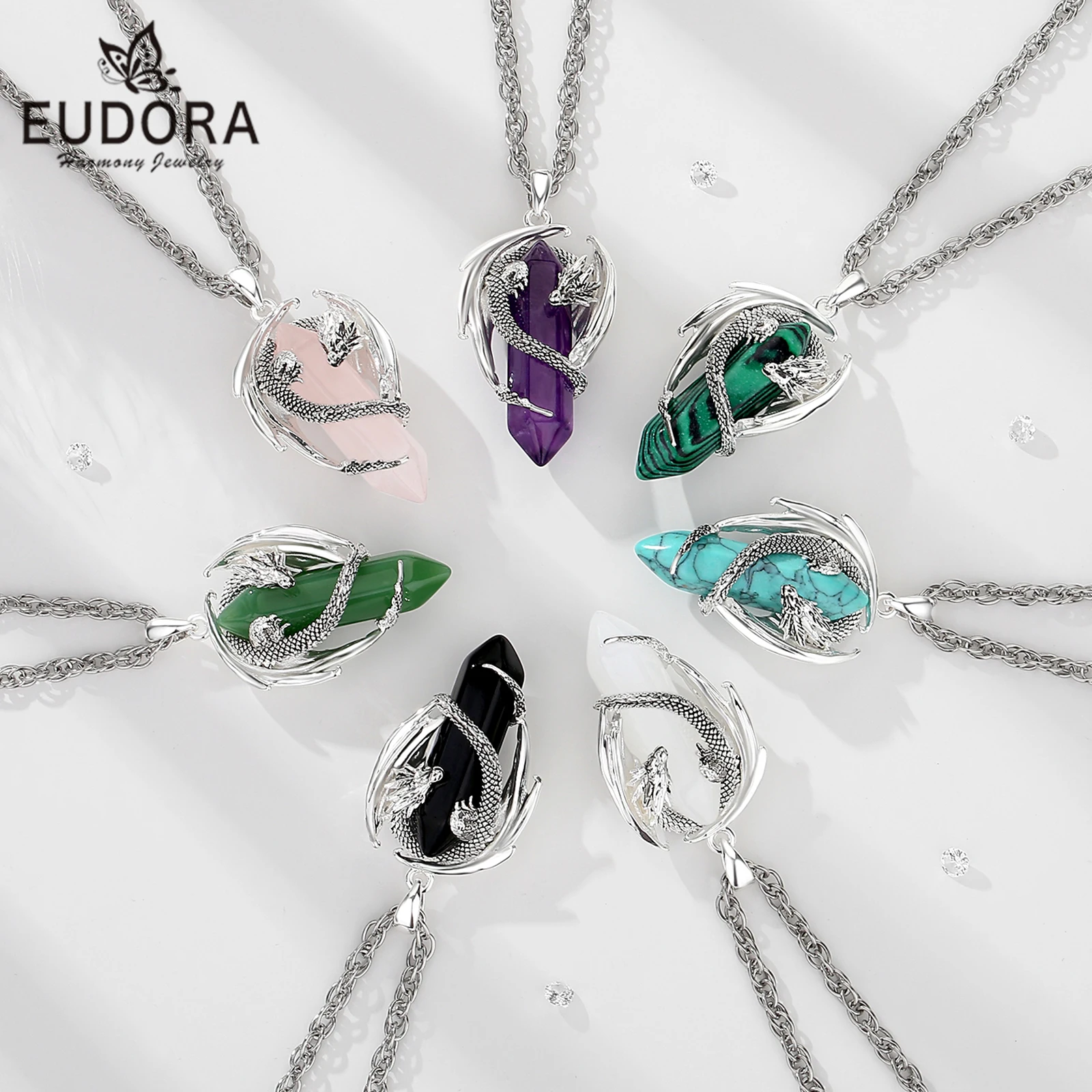 Eudora Dragon Twining Hexagonal Natural Obsidian Prismatic Necklace Punk Turquoise Amethyst Jade Pendant Malachite Jewelry Gift