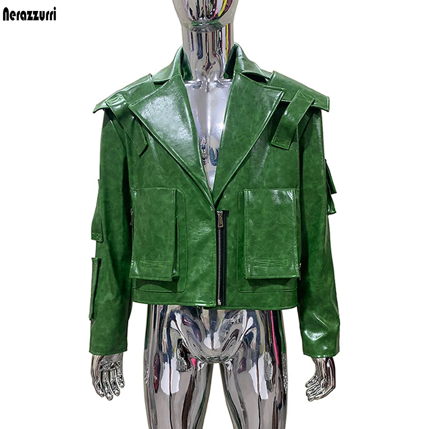 Nerazzurri Spring Autumn Short Shiny Bright Green Pu Leather Jacket Men with Three-dimensional Pockets Streetwear Menswear 2026