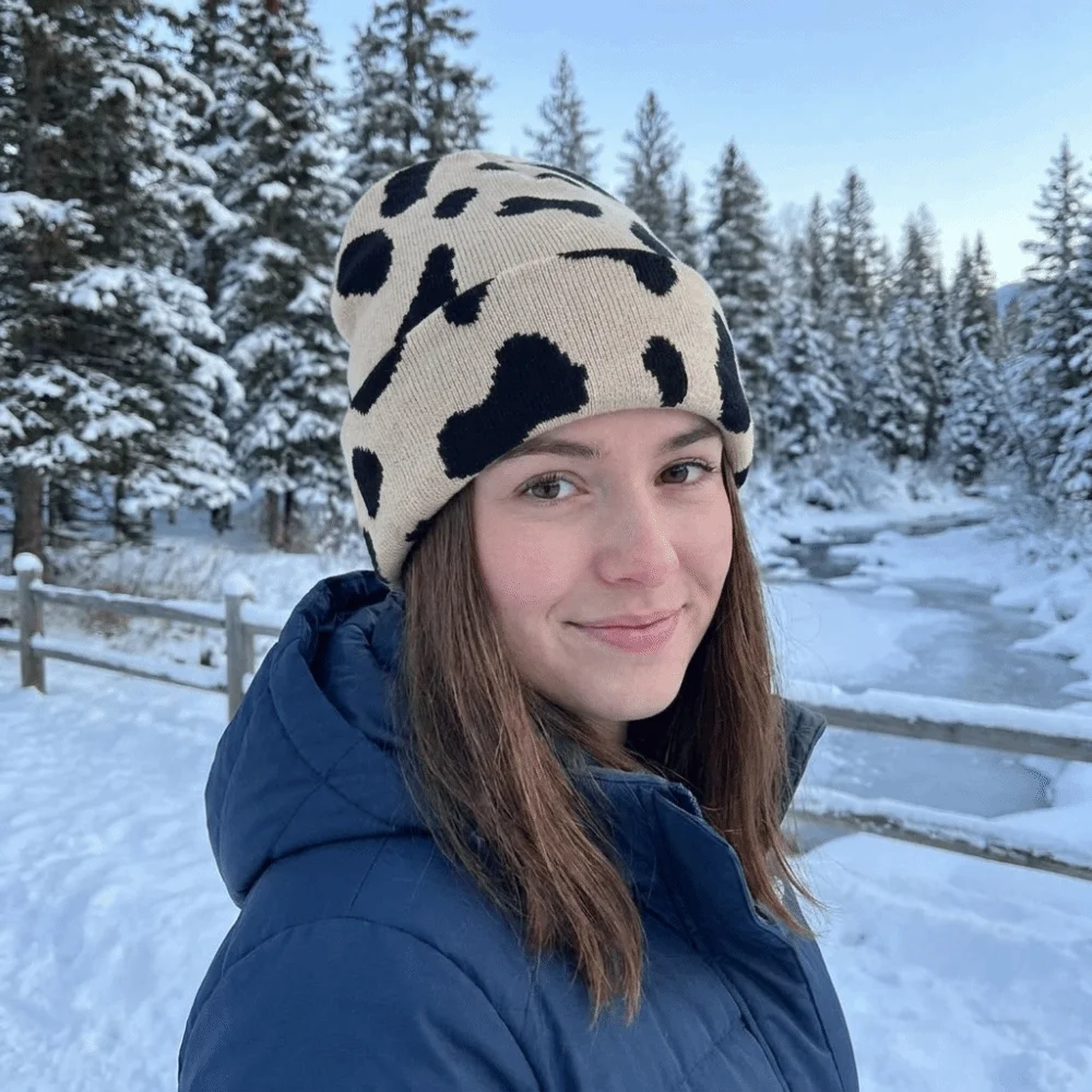 Versatile Thickened Cow Pattern Knitted Hat Ear Protection Elastic Pullover Hat Keep Warm Windproof Winter Beanie Hat Riding