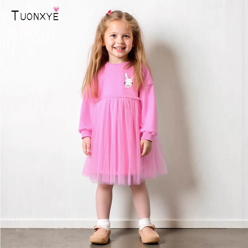 TUONXYE Girls Long Sleeve Dress Spring Autumn Girls Party Elegant Dresses Animal Rabbit Children Mesh Cotton Dresses for Kids