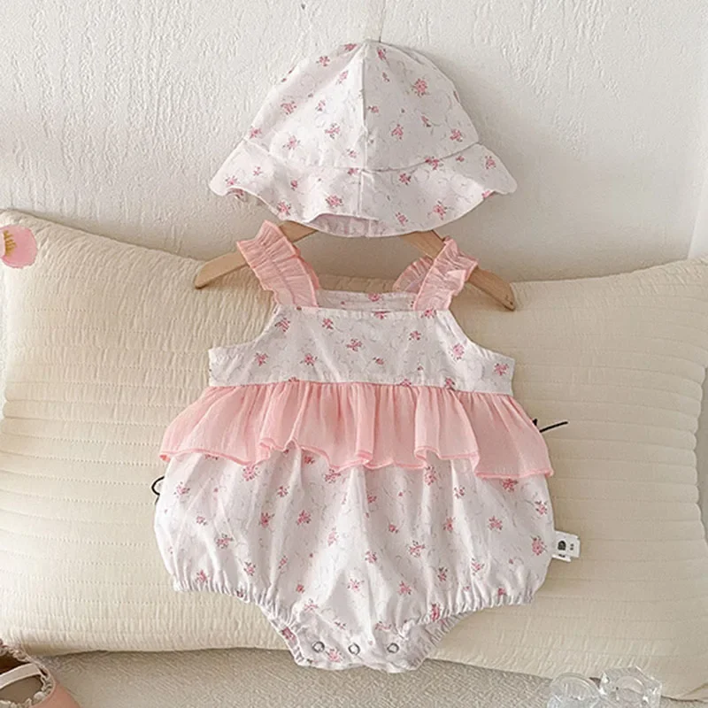 2025 New Summer Toddler Baby Girls Jumpsuit Sleeveless Cotton Print Newborn Baby Girls Romper+Hat 0-24M Children Clothes