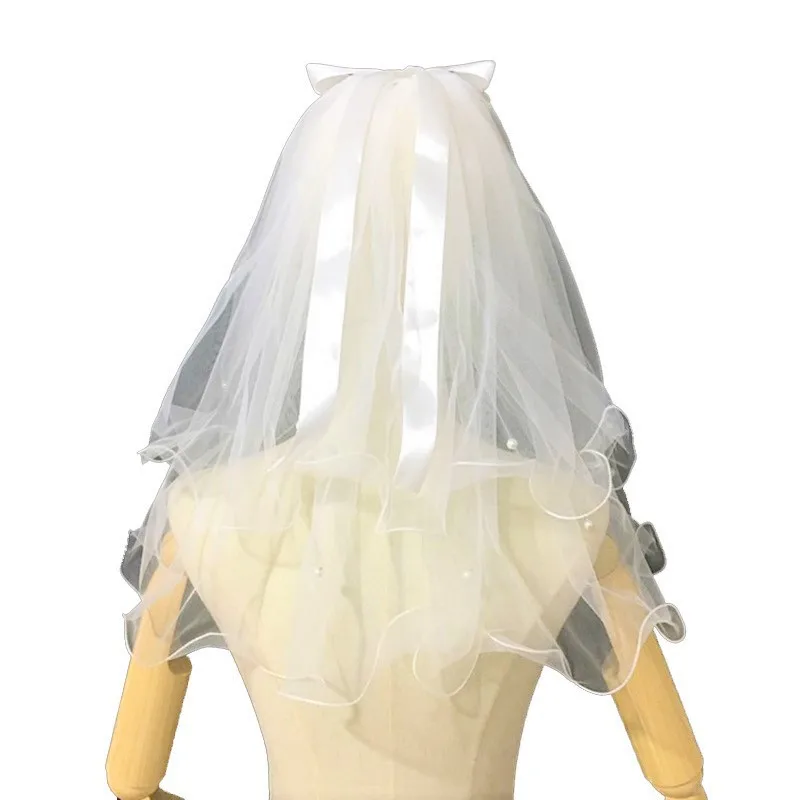 طرحة زفاف قصيرة مع مشط القوس اللؤلؤ 2 طبقات بسيطة اكسسوارات الزفاف Mariage 2024