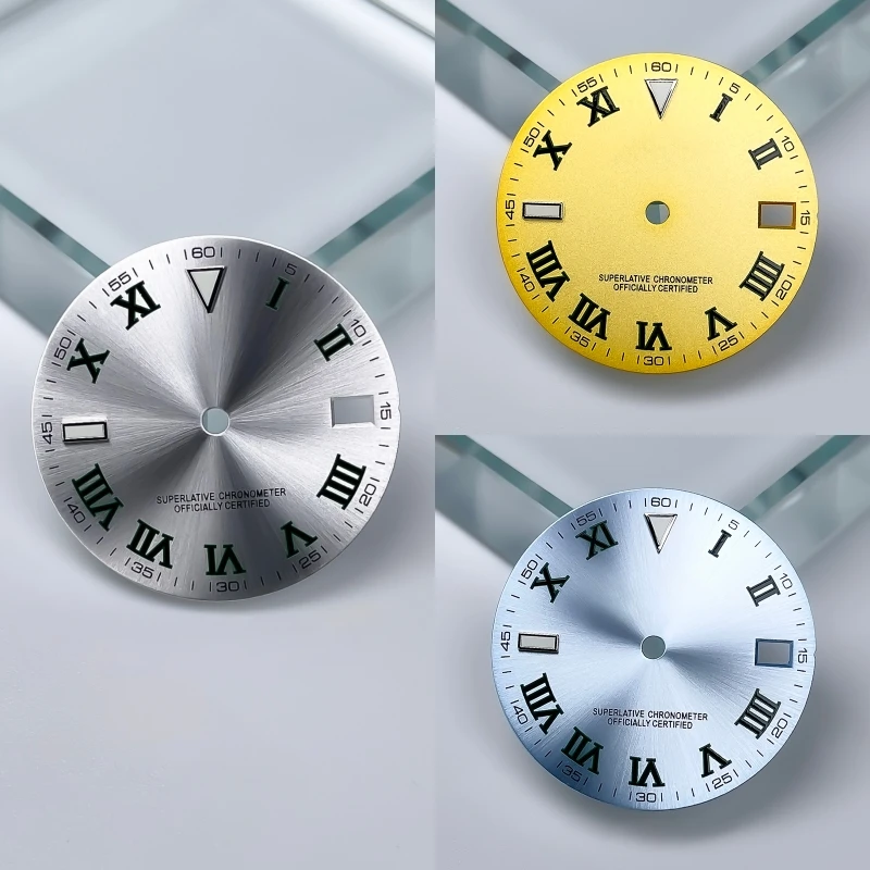 

Циферблат для часов 28,5 мм, зеленый, с римскими цифрами, светящимися индикаторами и окошком даты — модификационная деталь для автоматического механизма NH35