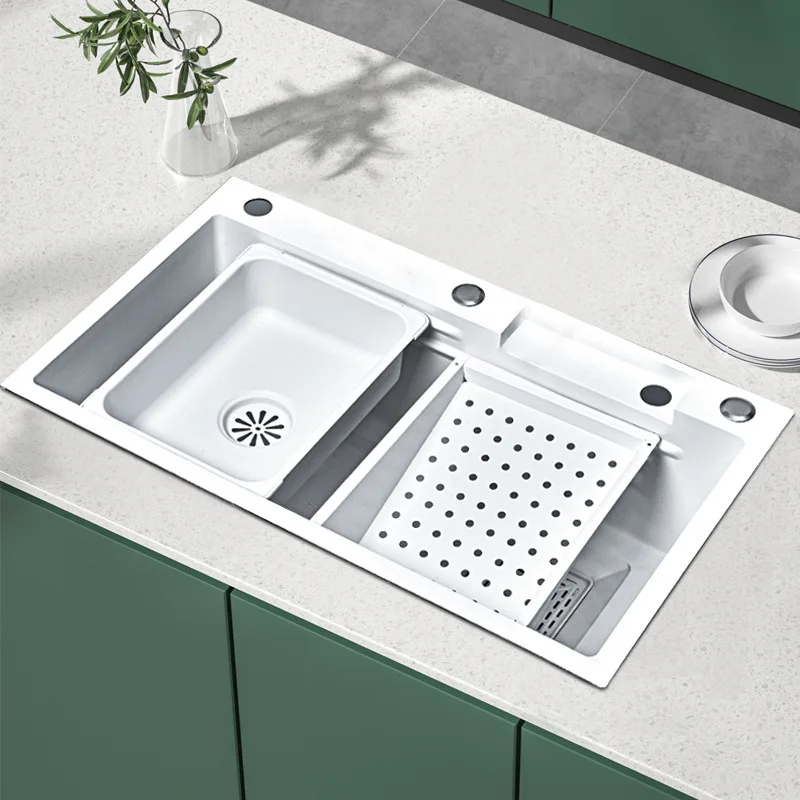 المطبخ المنزلي 304 حوض أبيض من الفولاذ المقاوم للصدأ مجهز بالكامل بصنبور شلال المطر وحوض خضروات متكامل