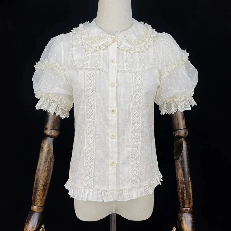 夏和菓子ロリータシャツ女性かわいいかわいいパフ半袖レースフリルスリムブラウストップス女の子 Y2k 服新