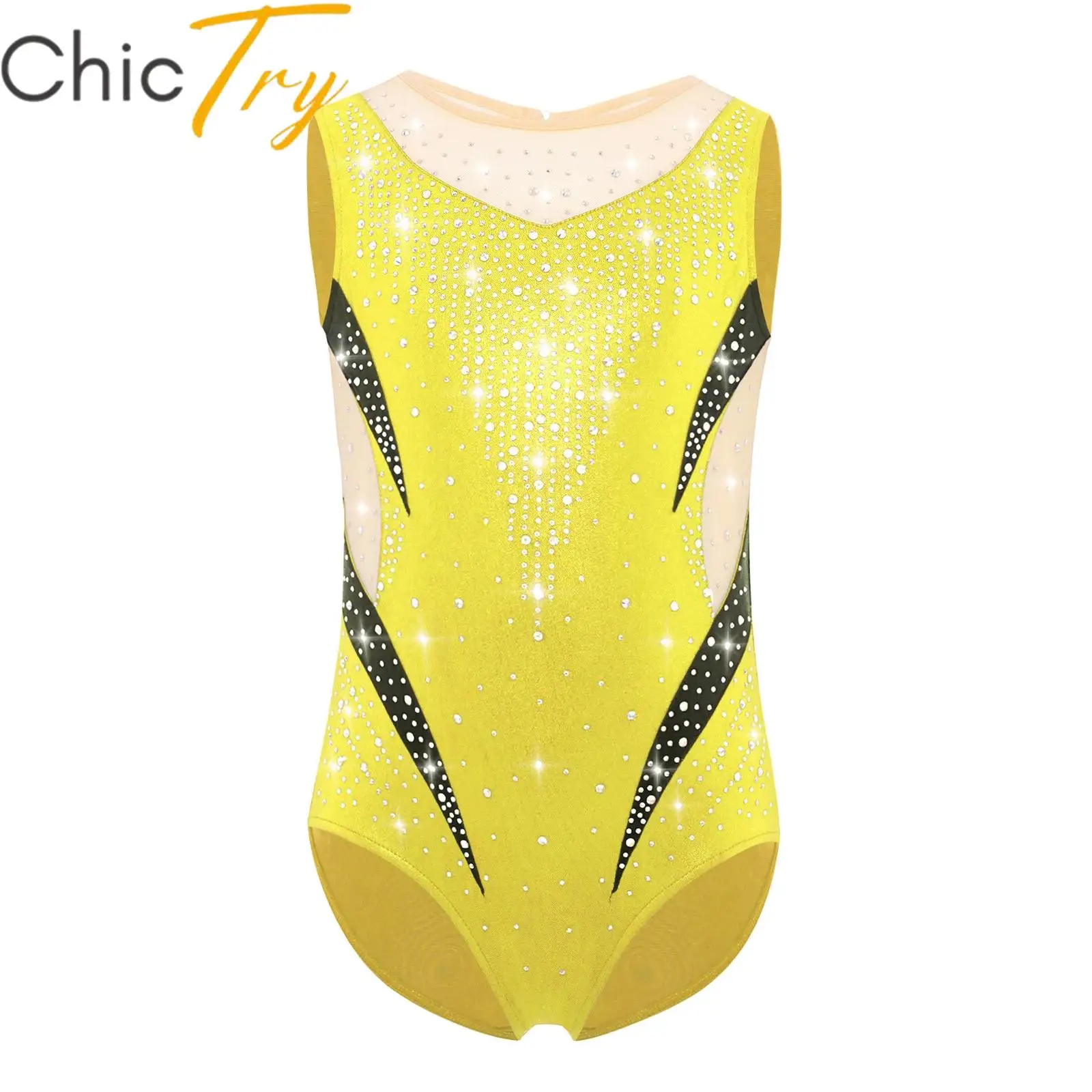 

Kids Girls Ballet Gymnastics Dance Leotard Sleeveless Unitard Sheer Mesh Patchwork Rhinestones Color Block Ice Skating Bodysuit