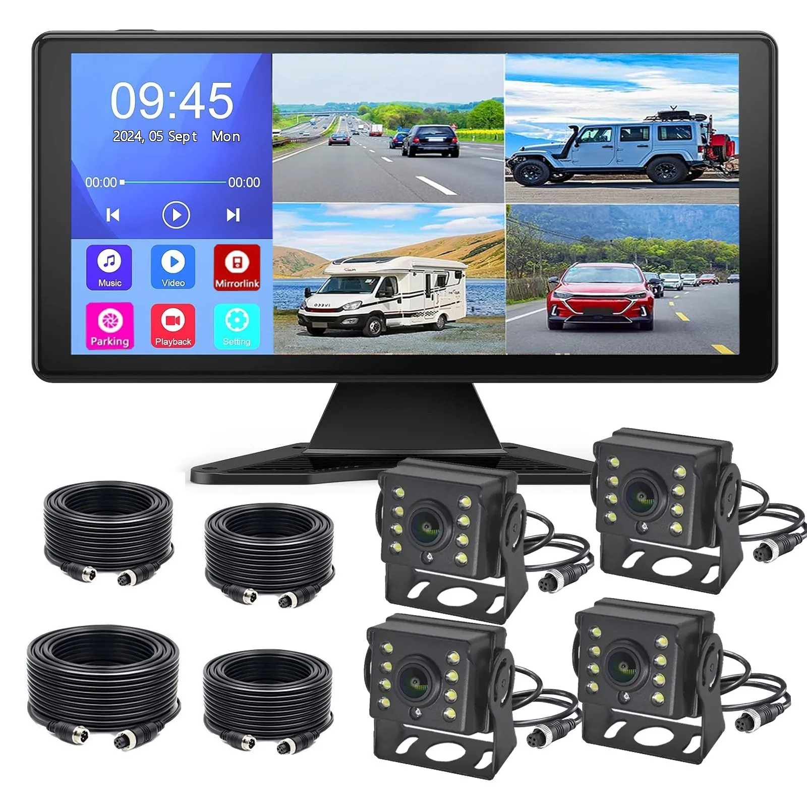

Lastbus 10.36" Touch Screen Quad Monitor DVR With 4x AHD 1080P Side Rear View Cameras For Car Truck Caravan Trailer