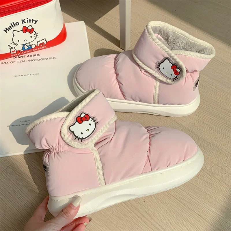 Sanrio Hello Kitty Creative Color Matching Velcro Waterproof Bread Cotton Shoes Winter Ladies Pink Cute Outdoor Warm Snow Boots