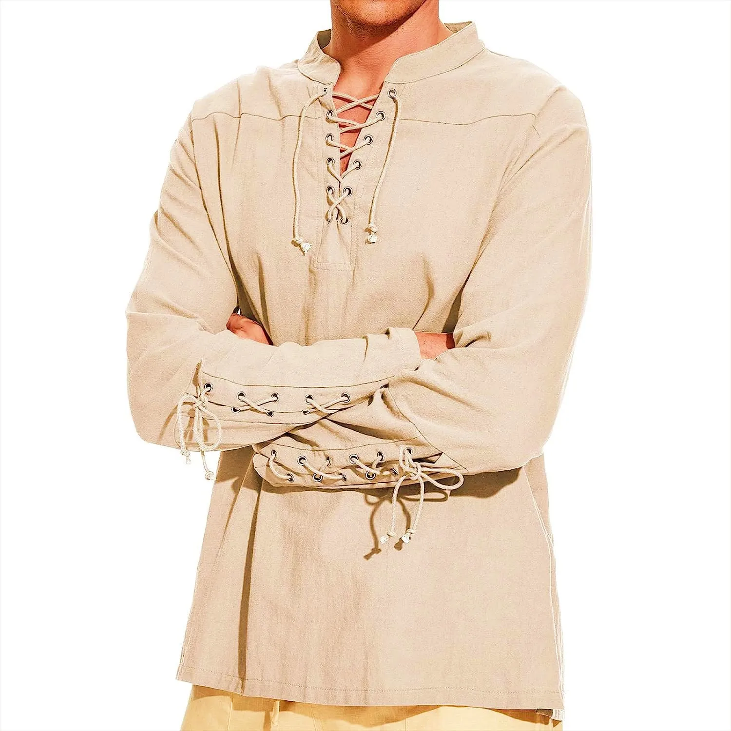 Men Medieval Costume Cotton Linen Shirts Ruffled Long Sleeve Lace Up Pirate Cosplay Shirt Vampire Medieval Renaissance Shirt