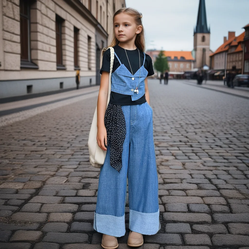 

Teenage Girls Clothing Set Denim Patchwork Short Sleeve T-shirt + Wide Leg Jeans Two Pieces Loose Trendy Casual Outfits for Kids
