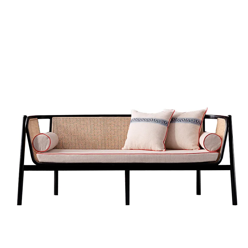 

Wabi-sabi wind rattan sofa combination, Nordic home living room solid wood backrest leisure recliner, balcony rattan chair