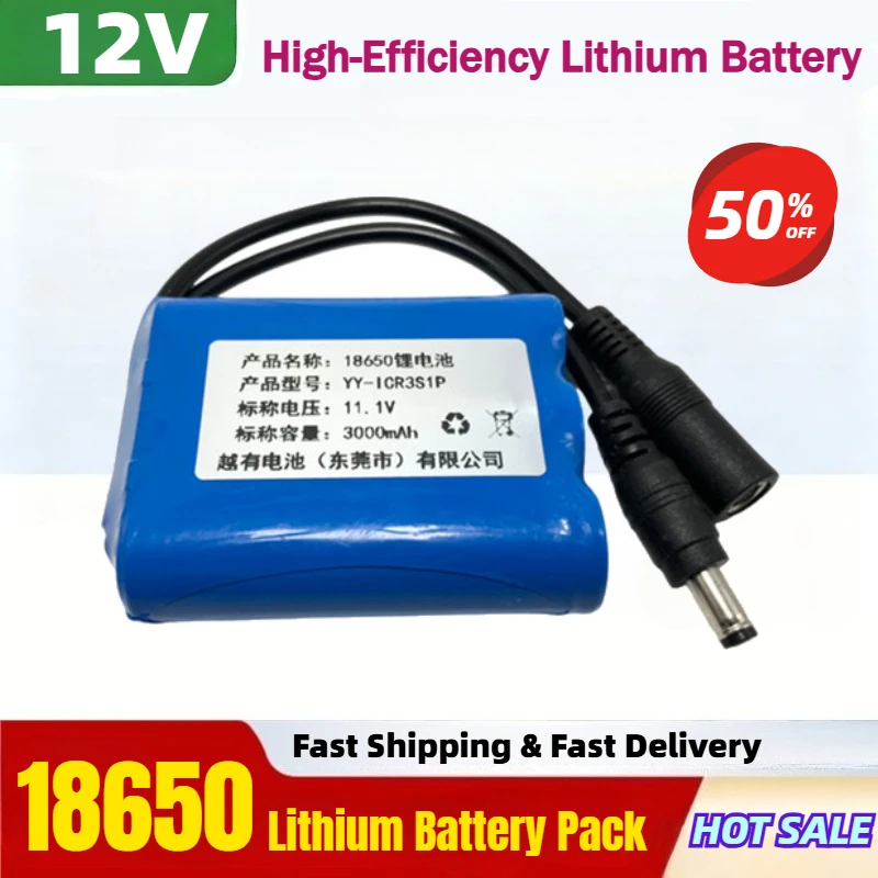 

12V 1200-3000mAh 3S1P Lithium Battery 18650 Battery Pack with BMS for Energy Storage LED Light, Outdoor Monitoring Power Supply