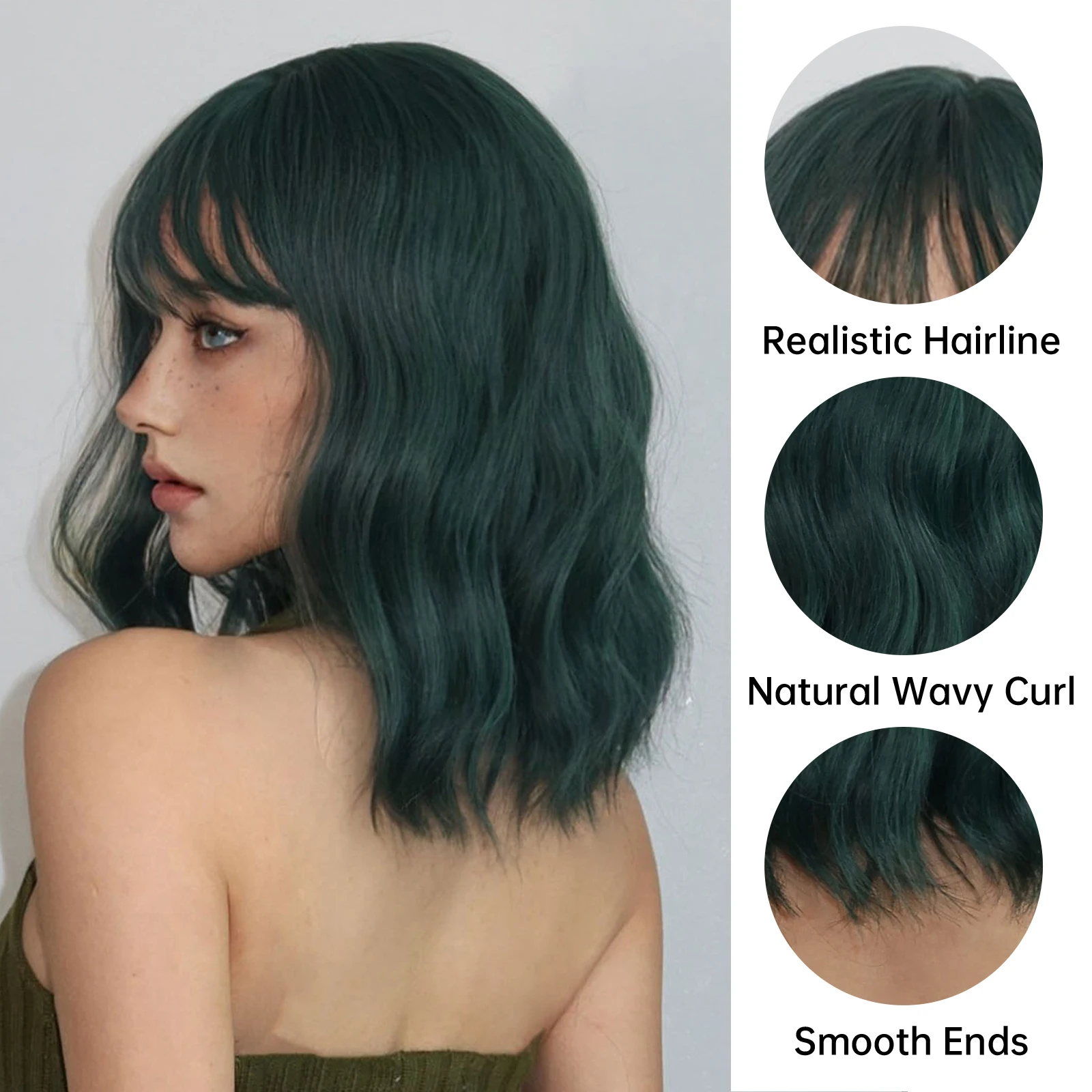 Bob Curly Green Black Synthetic Wigs Short Fluffy Wavy Cosplay Halloween Wig with Bangs for Women Natural Hair Heat Resistant