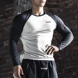 Male Clothes Polyester Tops Elasticity Slim Fit T Shirts for Men Black Gym Tight Running Harajuku Fashion Bulk Full Sleeve Tee F