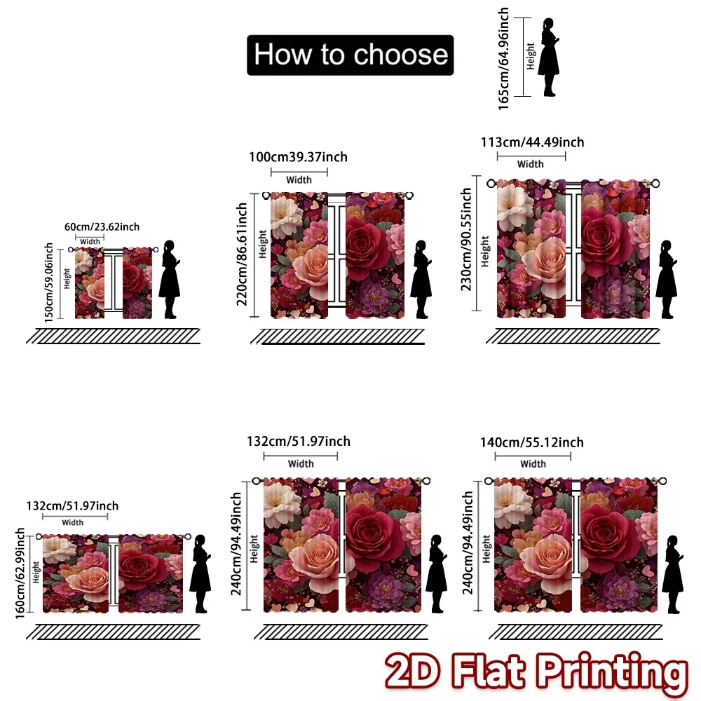 2D FLAT PRINTING 2pcs Curtains (Without Rod) Valentine's Day Floral Hearts Pattern Chic Curtains Versatile Fabric Curtains