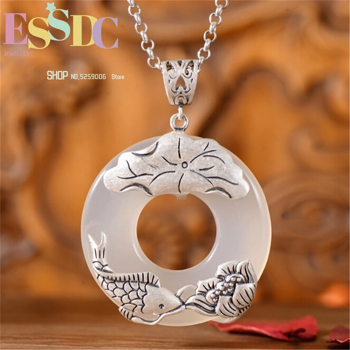 ESSDC Retro S925 Matte Fish Lotus Flower Women Sweater Chain White Chalcedony And Yellow Chalcedony Pendant Jewelry Dropship