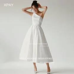 XPAY Elegant One Shoulder Korea A Line Wedding Dresses Satin Sleeveless Bridal Gown Backless Tea Length Bride Dress Photo Shoot