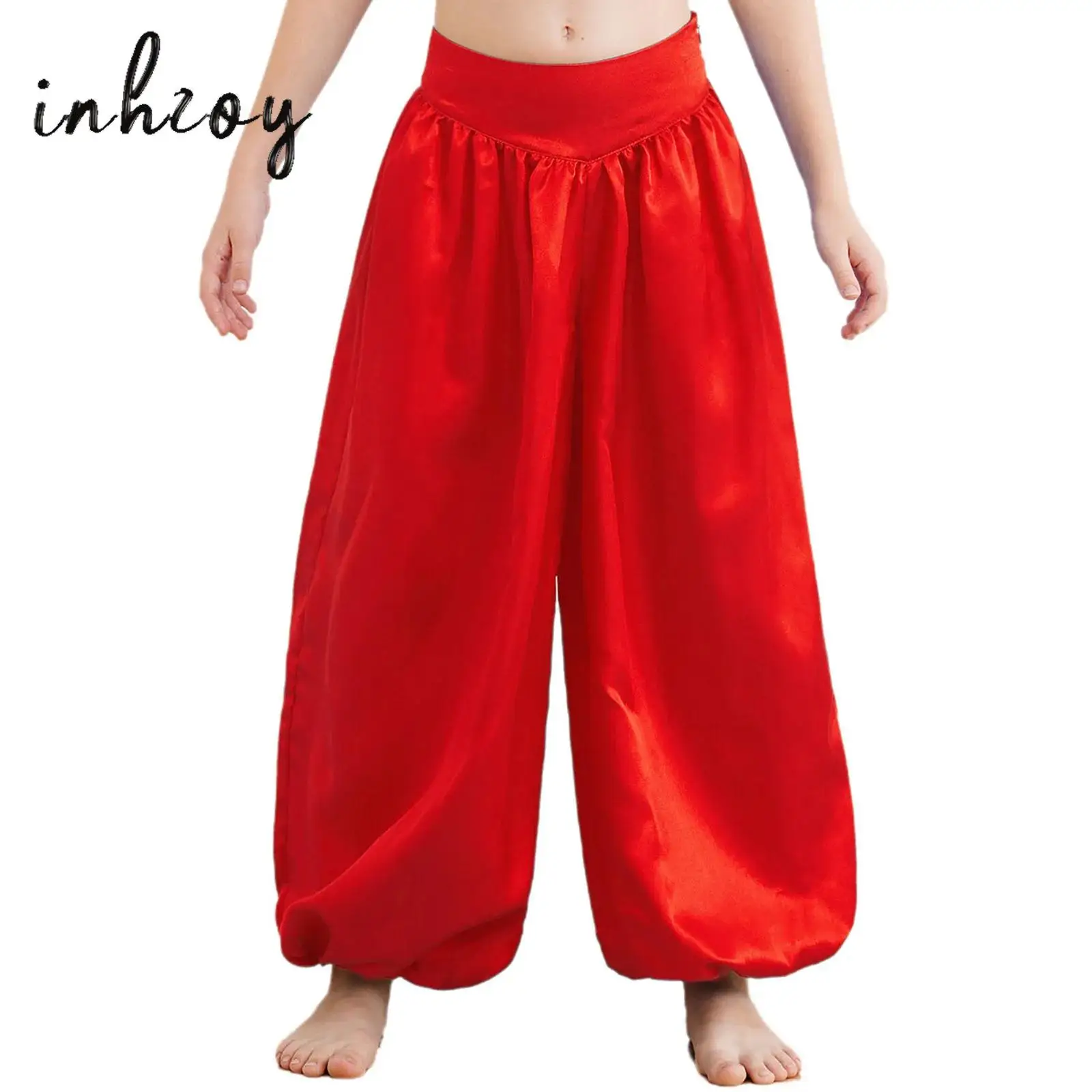 

Kids Harem Loose Casual Dancing Pants Boys Girls Satin Glossy Harem Trouser Belly Dance Performance Carnival Party Dancewear