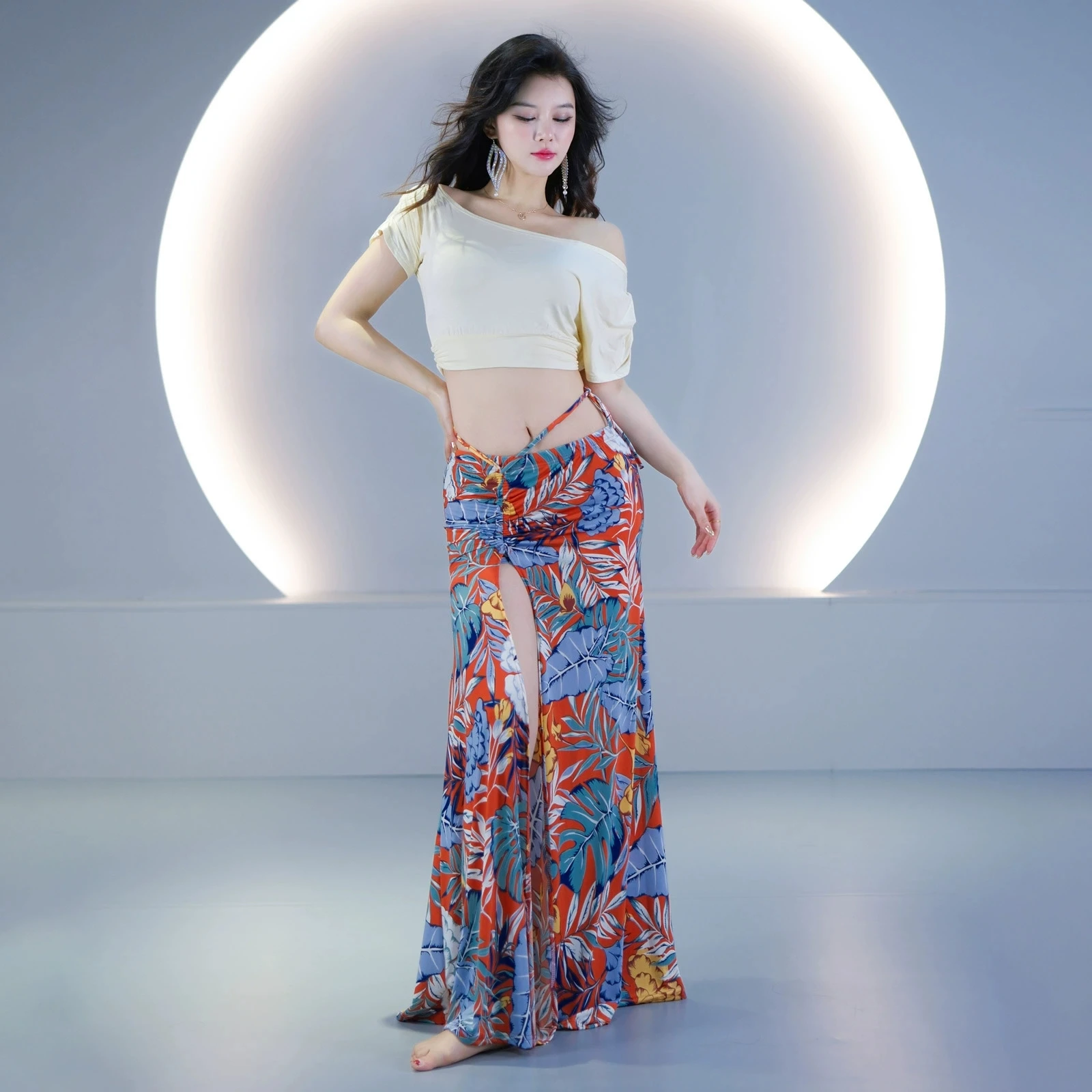 

New Ice Silk Fabric Women Belly Dance Costume Top High Split Long Skirt Dance Lesson Wear