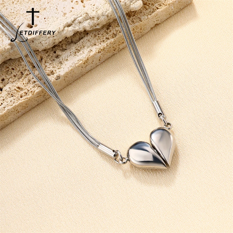Letdiffery Three Layers Magnetic Heart Pendant Necklace for Women  Stainless Steel Simple Snake Chain Jewelry Gifts