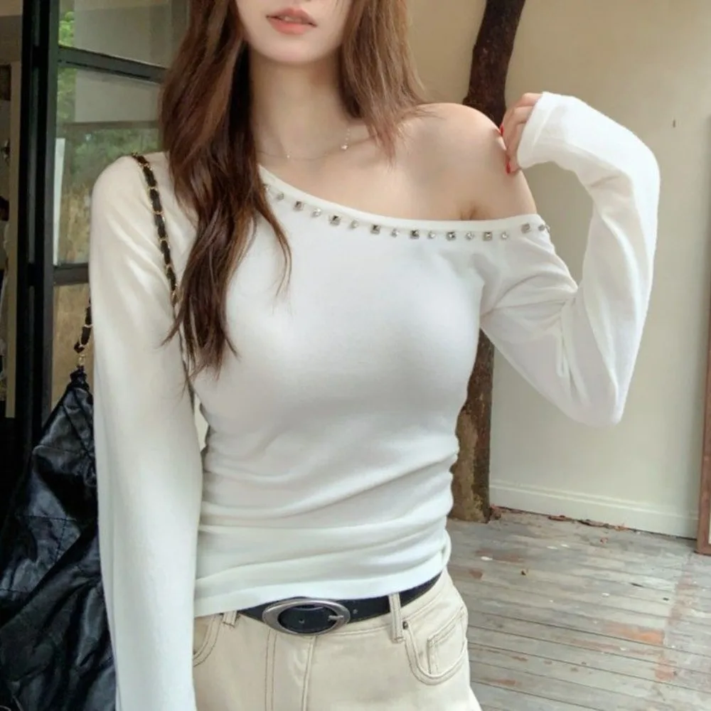 Skew Collar Beading Simple Office Lady Crop Top Long Sleeve Off Shoulder Slim Waist T-shirt French Minority Fresh Shirts