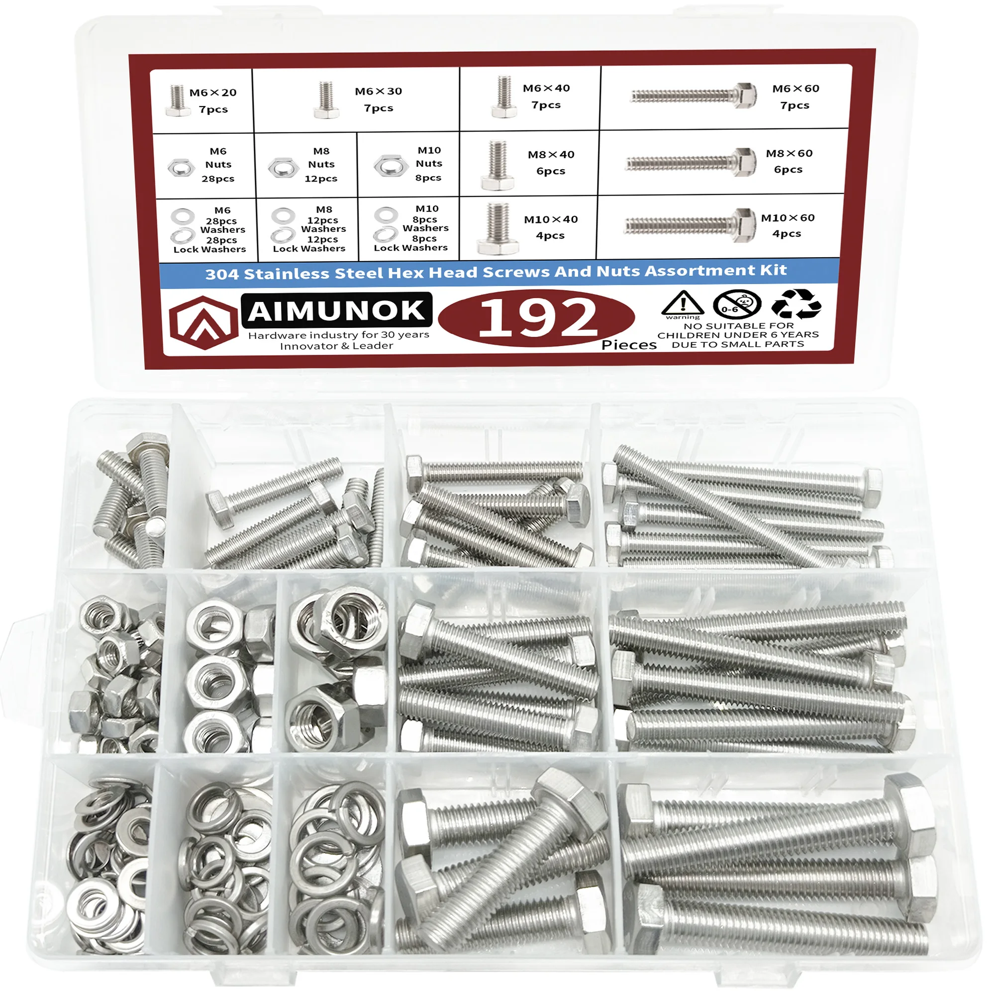 192pcs 304 M6 M8 M10 Stainless Steel Hex Head Screws and Nuts Assortment kit Fasteners Tools Repair Accessories