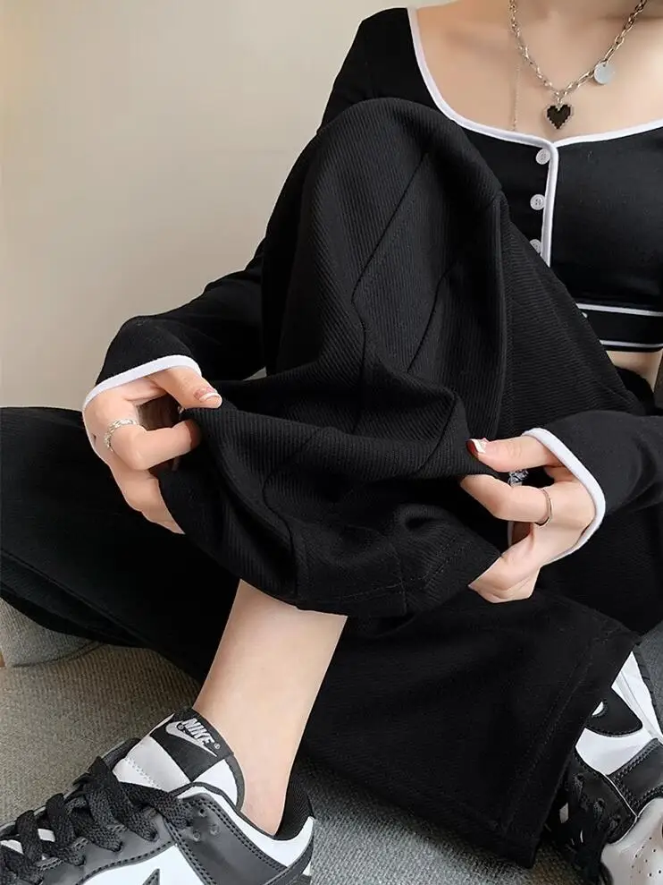 กางเกงขายาวเอวสูงสีขาวทรงขากว้างสำหรับผู้หญิง ผ้ามีซับใน ทรงตรง สไตล์ลำลอง เหมาะสำหรับฤดูใบไม้ผลิและฤดูใบไม้ร่วง กางเกงวอร์มทรงกล้วย กางเกงกีฬา