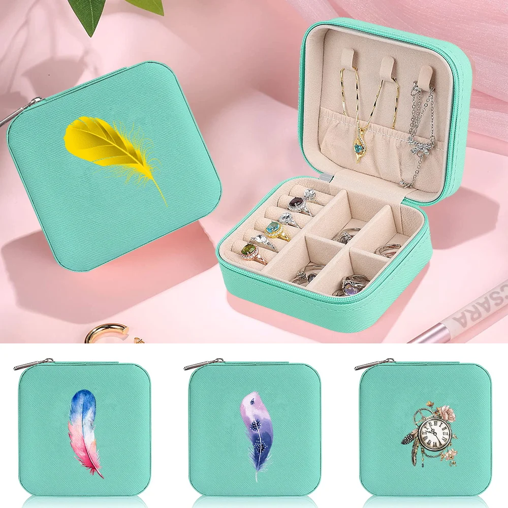 

Portable Jewelry Storage Box Travel Necklace Ring Storage Case New Zippered Women's Jewelry Organizer Case Feather Series