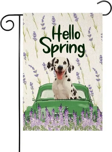 Hello Spring Garden Flag Lovely Dalmatian Vintage Car Summer, 12x18 Inch XXQ