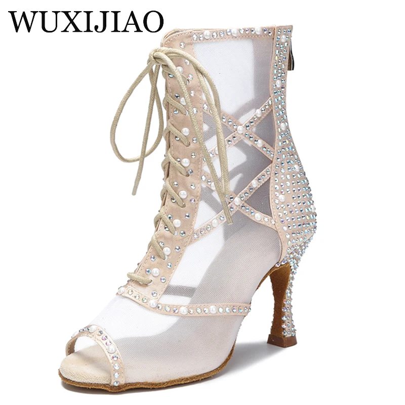 WUXIJIAO Ladies Latin Dance Shoes Black Red Pearl Rhinestone Sexy Dance Boots Tango Heels Ladies Party Shoes