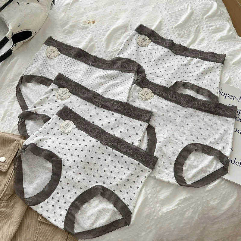 

5 шт., женские треугольные трусики с принтом, дышащие, удобные, со средней талией, с кружевными краями, антибактериальные женские треугольные трусы