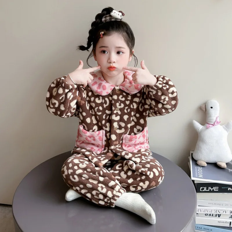 Girls All Over Leopard Pajamas Set Fall Winter 2026 Kids Trendy Doll Collar Cardigan Sleep Pants Loungewear Outerwear