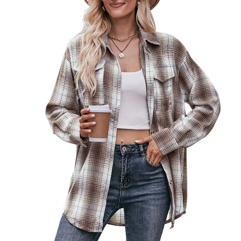 Autumn Winter Oversized Women Shirts Vintage Casual Loose Long Sleeve Plaid Blouses Female Fashion Button Lapel Shirt Outerwear