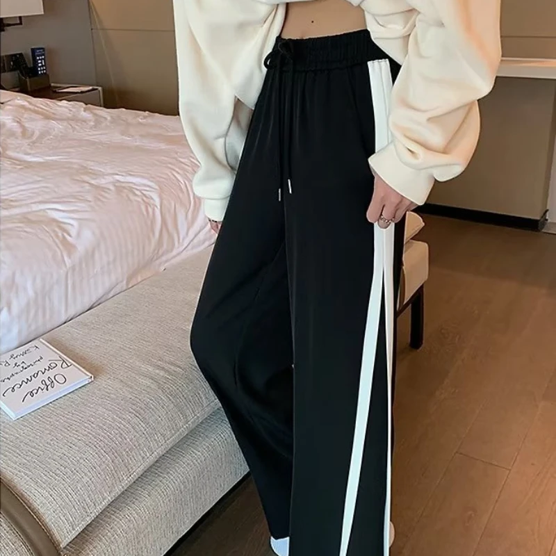 Side Stripe Pants Women Spring Simple Elastic Waist Full Length Loose Leisure Solid All-match Korean Style Streetwear Pleated