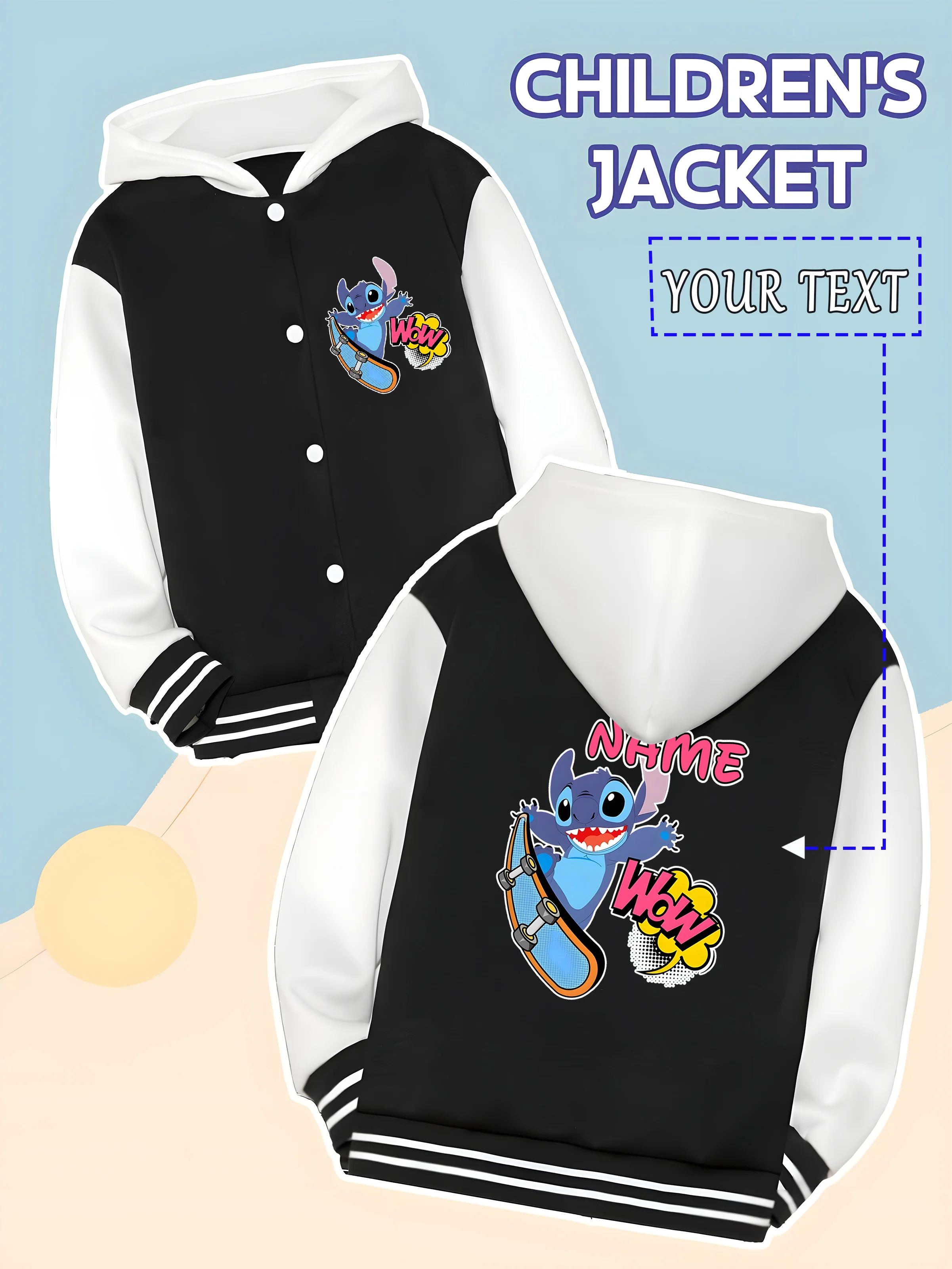 

MINISO Disney Boys Baseball Jacket - Stitch's skateboarding style is cool and energetic, perfect for school activities and outdo