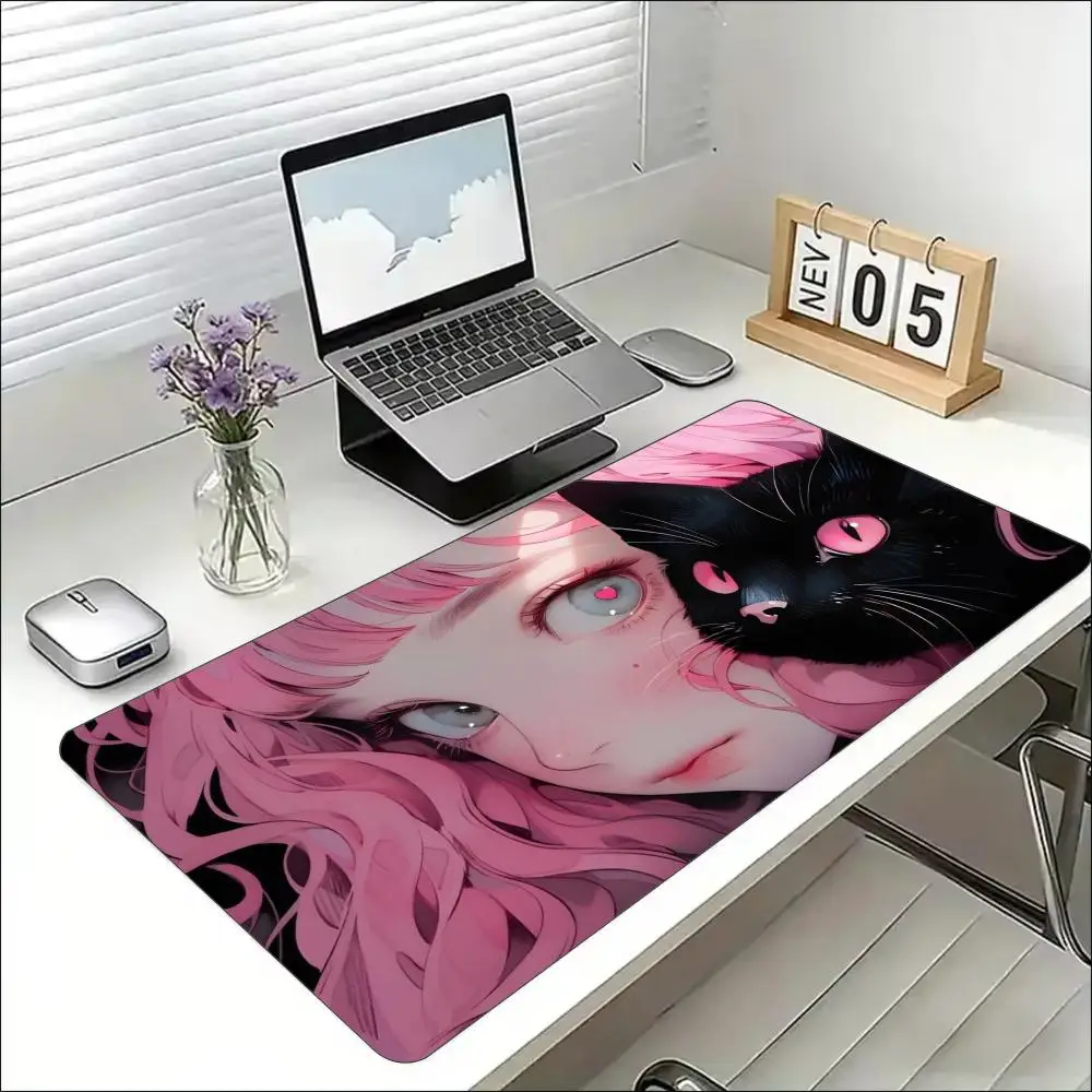 Cute Pink Anime Girl Black Cat Mouse Pad Large Kawaii Desk Mat Non-Slip Rubber Mousepad Office Stitched Border Pink Aesthetic