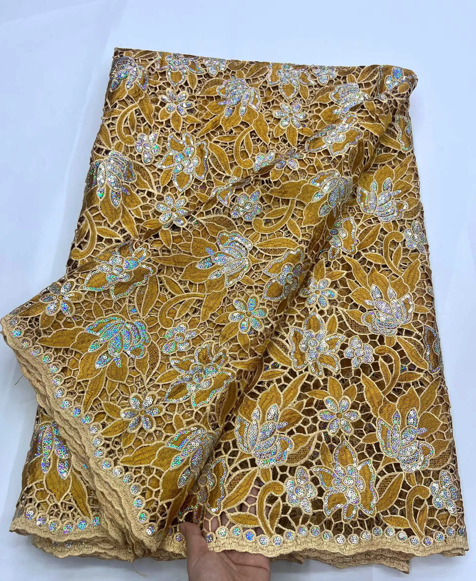 African Milk Silk Cord Lace Fabric 2025 High Quality Lace With Sequin Water Soluble Nigerian Guipure Cord Lace For Wedding Dress