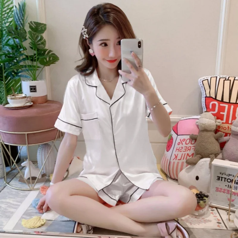 

Ice Silk Pajamas Women's Summer Cardigan Short-Sleeved Shorts Simulation Silk Loose Large Size Leisure Pajamas Homewear Suit